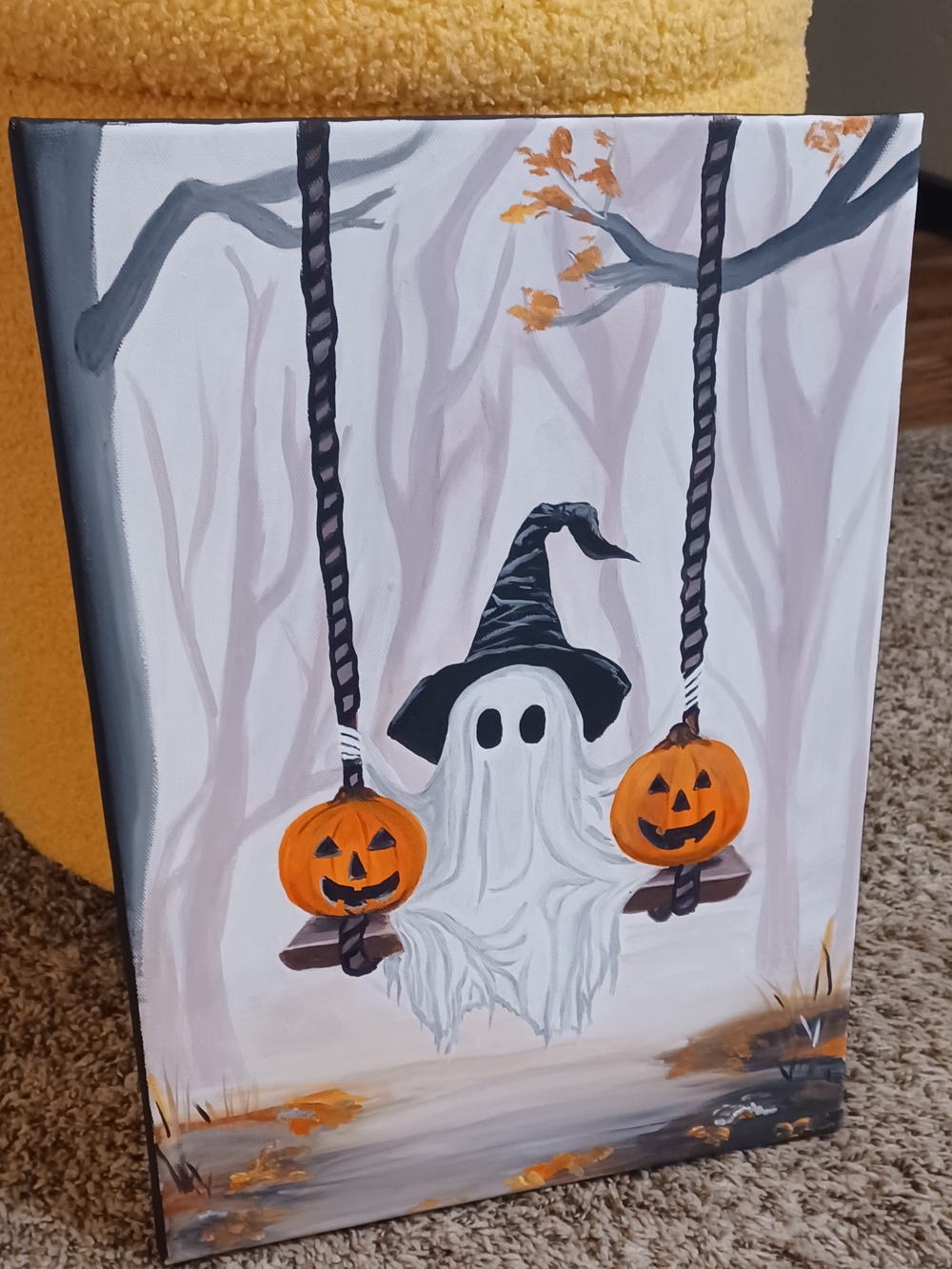 Original Acrylic Halloween Ghost Painting with Jack-o'-Lanterns - Picture 5 of 6